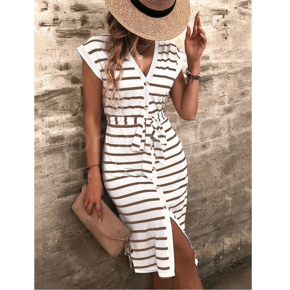 White Striped Casual Tie Belted Tee Dress Knee Length Short Sleeve